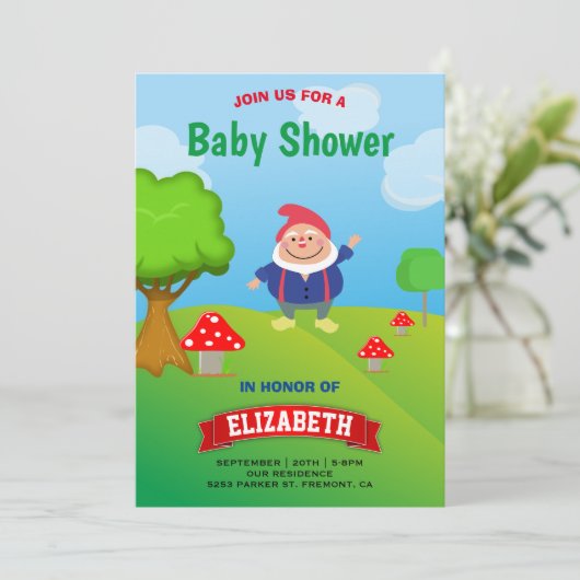 Garden Gnome Baby Dusche Einladung (Stehend Vorderseite)