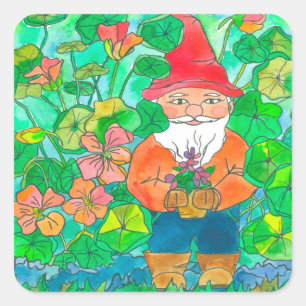 Garden Gnome Nasturtium Blume Quadratischer Aufkleber