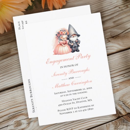 Garden Gnome Orange Woodland Engagement Party Ankündigungspostkarte