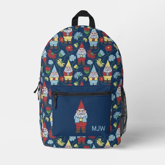 Garden Gnomes und Blume Navy Blue Gemustert Bedruckter Rucksack (Vorderseite)