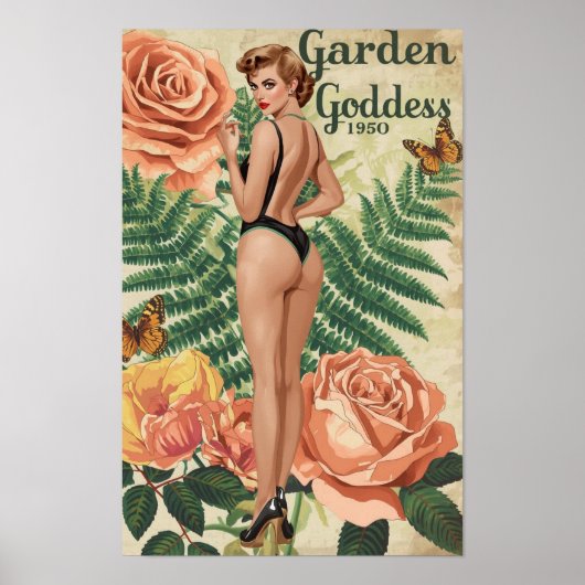 Garden Goddess 1950 – Retro Pin-Up Botanical Colla Poster (Vorne)