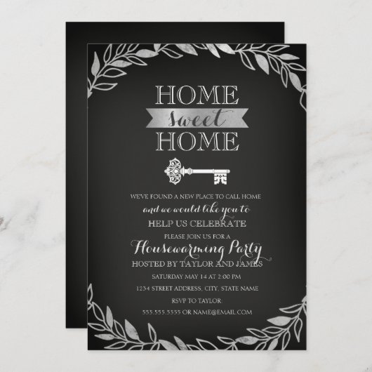 Garden Key Silver Chalkboard Housewärme Einladung (Vorne/Hinten)