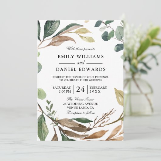 Garden Leaf Wreath Einladung (Stehend Vorderseite)