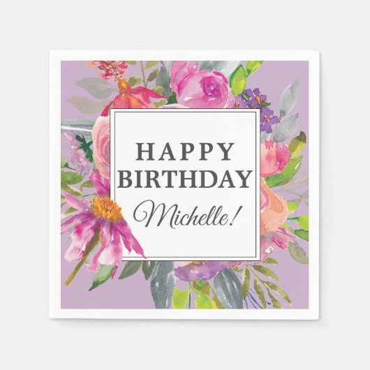 Garden Lila Pink Floral Happy Geburtstag Party Serviette (Vorderseite)