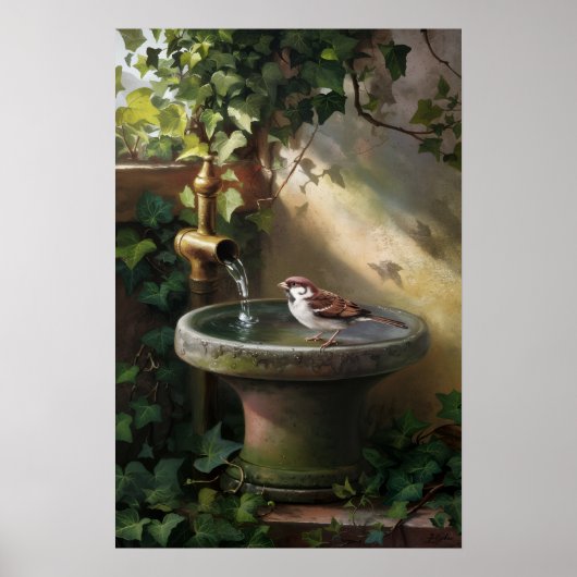 Garden Oasis: The Sparrow at the Fountain Poster (Vorne)