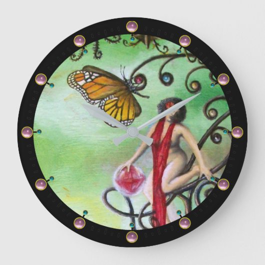 GARDEN OF MELISSA Magic Butterfly and Lady in Red Große Wanduhr (Vorderseite)