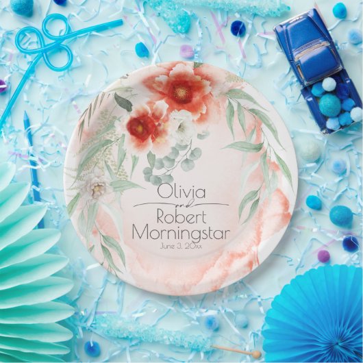 Garden Party Aquarell Korallenfarben Blume Pappteller (Party)