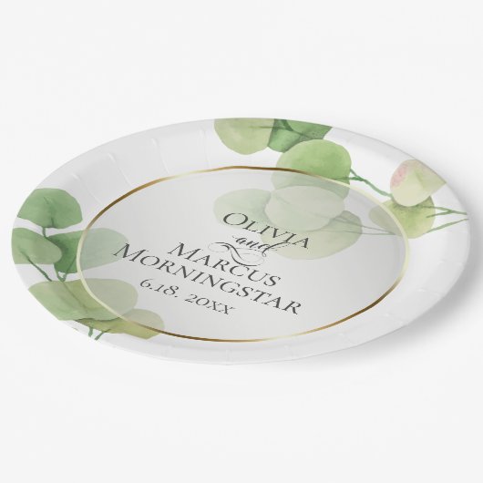 Garden Party Moderne Springtime Eukalyptus Pappteller (Schrägansicht)