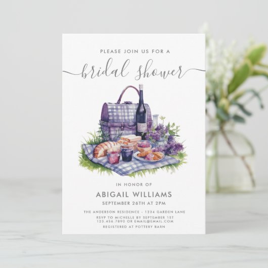 Garden Party Picnic Lavendel Brautparty Einladung (Stehend Vorderseite)