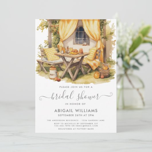 Garden Party Picnic Orange Citrus Brautparty Einladung (Stehend Vorderseite)