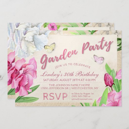 Garden Party Rosa Blüte mit Schmetterlingen Einlad Einladung (Vorne/Hinten)