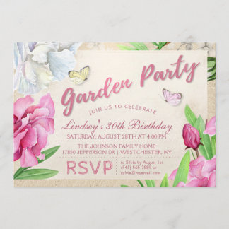 Garden Party Rosa Blüte mit Schmetterlingen Einlad Einladung