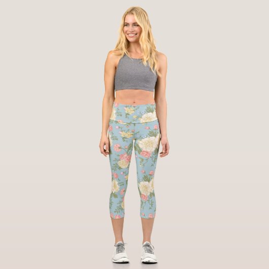 Garden Peony Floral Pattern Capri Leggings (Vorderseite)