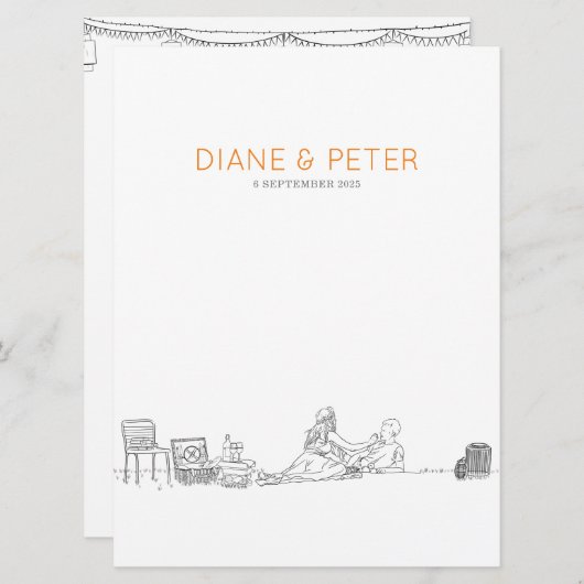 Garden Picnic Minimalistisch Black and White Weddi Menükarte (Vorne/Hinten)