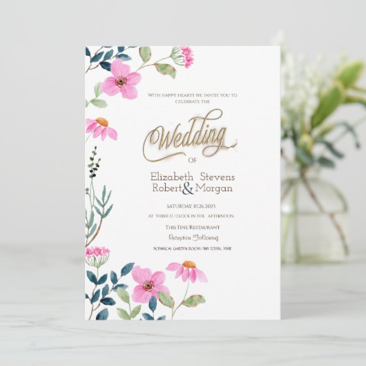 Garden Pink Blume Hochzeit Einladung (Stehend Vorderseite)