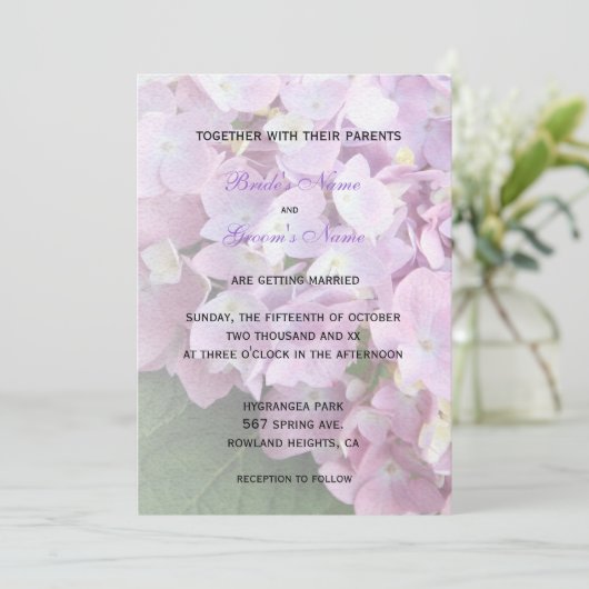 ©Garden Pink Hydrangeas Wedding Einladung (Stehend Vorderseite)