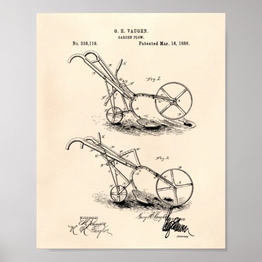 Garden Plow 1886 Patent Art Old Peper Poster (Vorne)