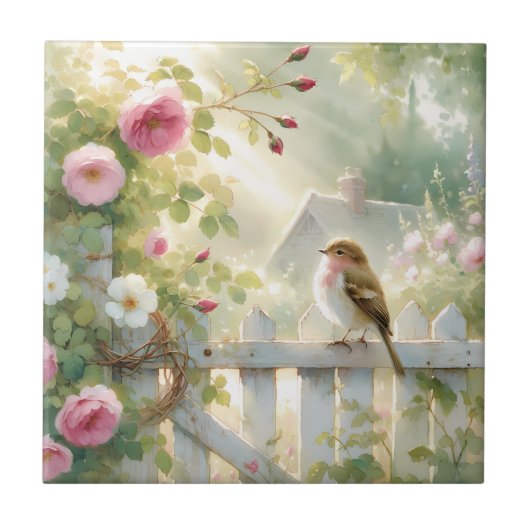 Garden Rose Bird Watercolor Scene Fliese (Vorderseite)