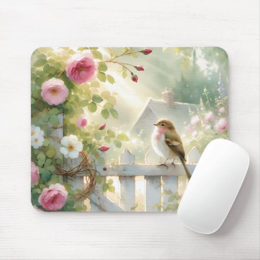 Garden Rose Bird Watercolor Scene Mousepad (Mit Mouse)