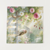 Garden Rose Bird Watercolor Scene Wandteppich (Vorderseite (Horizontal))