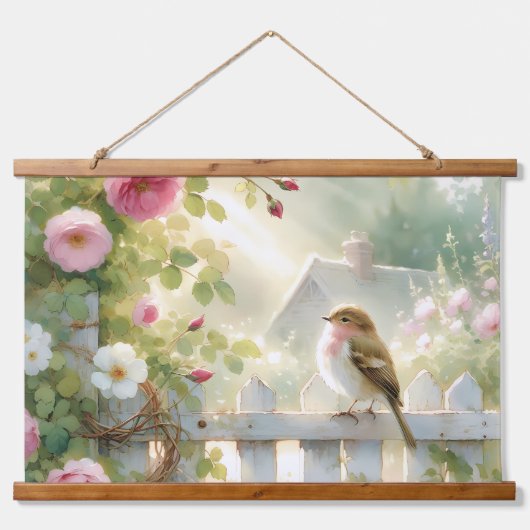 Garden Rose Bird Watercolor Scene Wandteppich Mit Holzrahmen (Vorne)