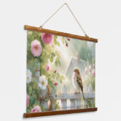 Garden Rose Bird Watercolor Scene Wandteppich Mit Holzrahmen (Gewinkelt)