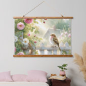 Garden Rose Bird Watercolor Scene Wandteppich Mit Holzrahmen (Schlafzimmer)