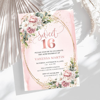 Garden Rose Gold Flowers and Greenery Sweet 16  Einladung