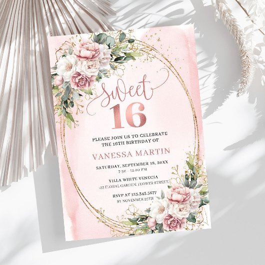 Garden Rose Gold Flowers and Greenery Sweet 16 Einladung