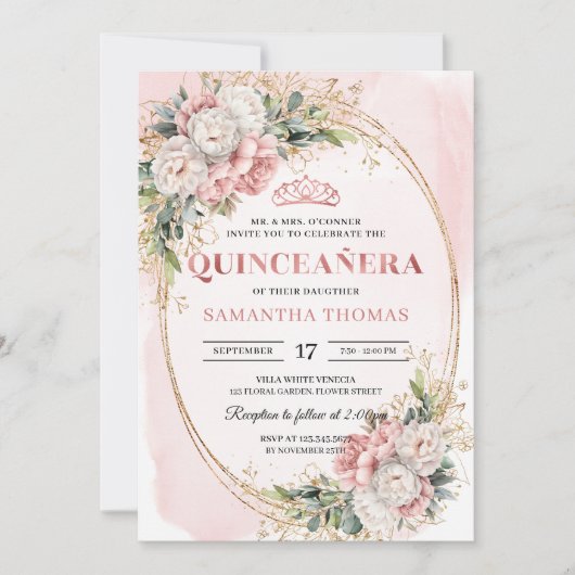 Garden Rose Gold Flowers Greenery 15th Birthday Einladung (Vorderseite)