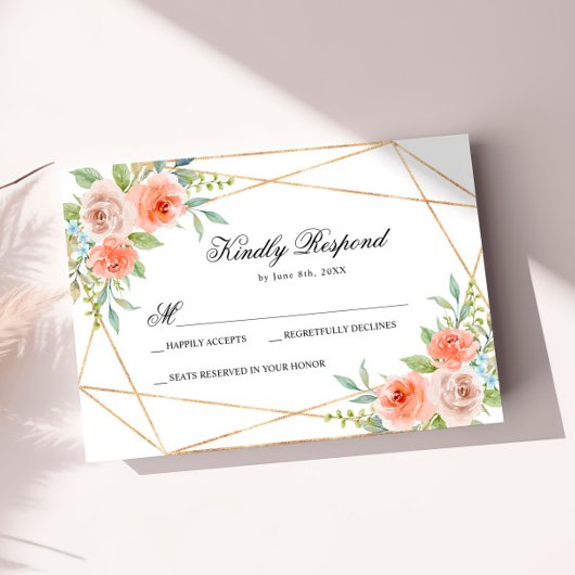 Garden Rose & Gold Frame Wedding RSVP Card Karte