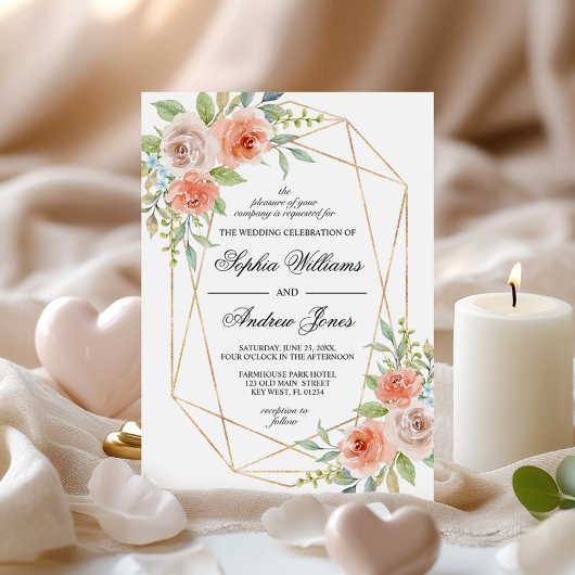 Garden Rose & Gold Rahmen Hochzeitseinladung Einladung