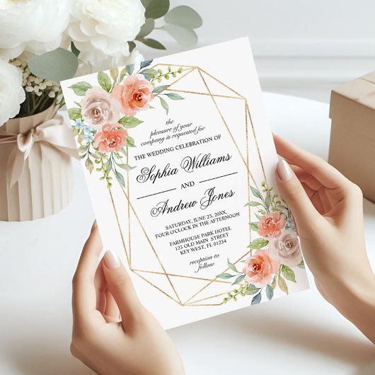 Garden Rose & Gold Rahmen Hochzeitseinladung Einladung