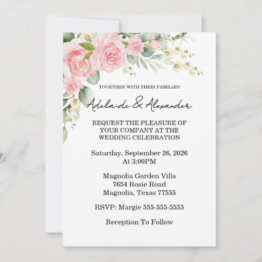 Garden Rose Pink Wedding Einladung (Vorderseite)