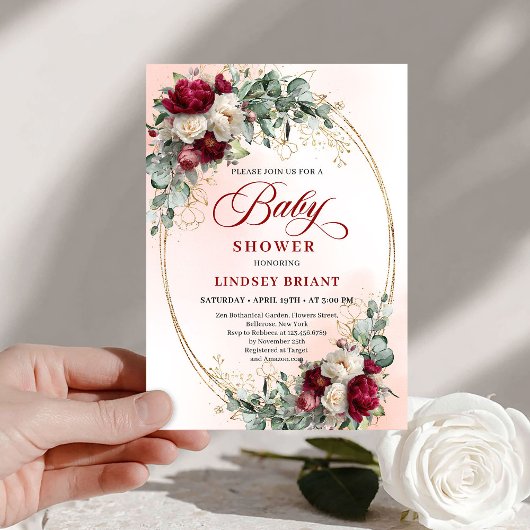 Garden Rustic Maroon Peonies Baby Shower Invitatio Einladung