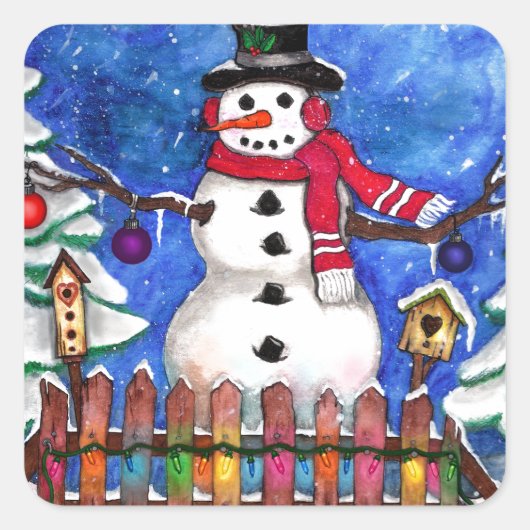 Garden Snowman Quadratischer Aufkleber (Vorderseite)