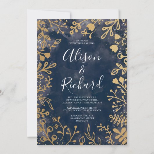 Garden Starry Night Gold und Navy Wedding Invitati Einladung (Vorderseite)
