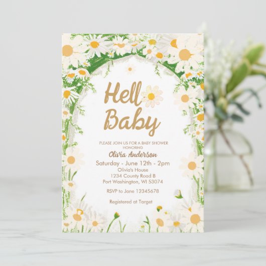 Garden Summer Daisy Hello Baby Dusche Einladung (Stehend Vorderseite)