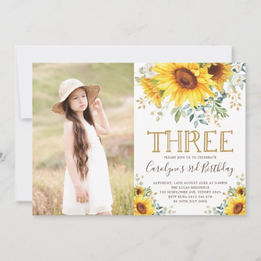 Garden Sunflowers Grüne 3. Geburtstag Foto Einladung (Vorderseite)