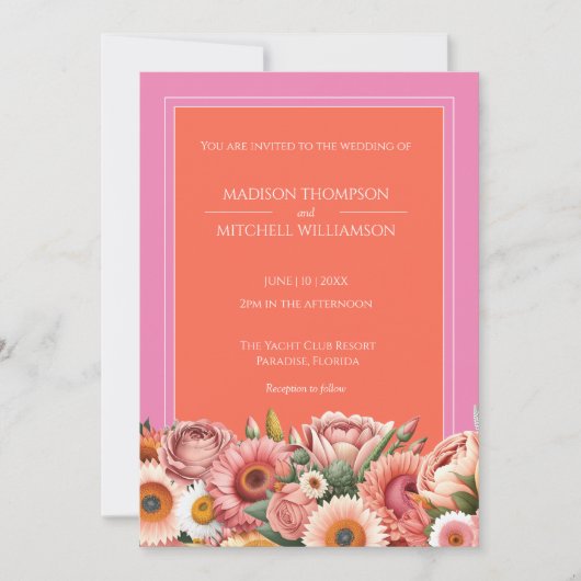 Garden Sunrise Pink Orange Moderne Blumenhochzeit Einladung (Vorderseite)