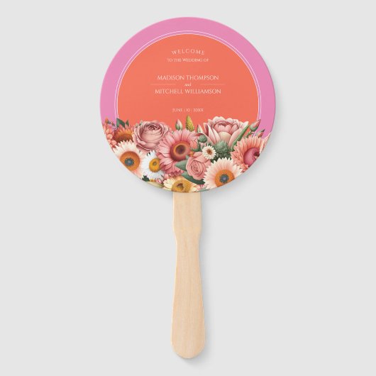 Garden Sunrise Pink Orange Moderne Blumenhochzeit Fächer (Rückseite)
