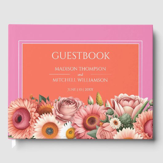 Garden Sunrise Pink Orange Moderne Blumenhochzeit Gästebuch (Vorderseite)