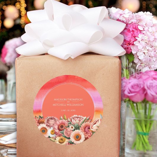 Garden Sunrise Pink Orange Moderne Blumenhochzeit Runder Aufkleber
