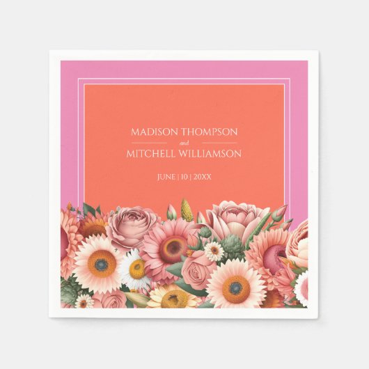 Garden Sunrise Pink Orange Moderne Blumenhochzeit Serviette (Vorderseite)