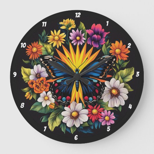 Garden Symphony" - Blumenschmetterling Große Wanduhr (Vorderseite)