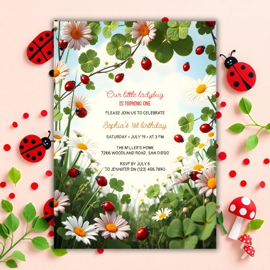 Garden Theme Baby Girl Ladybug 1. Geburtstag Einladung