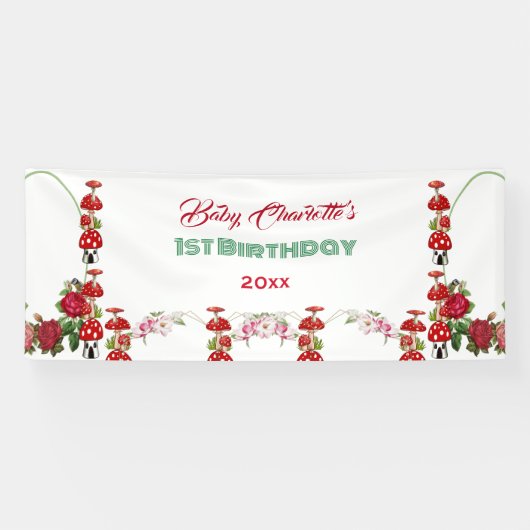 Garden Toadstool Rustikale Rose Baby's 1. Geburtst Banner (Horizontal)