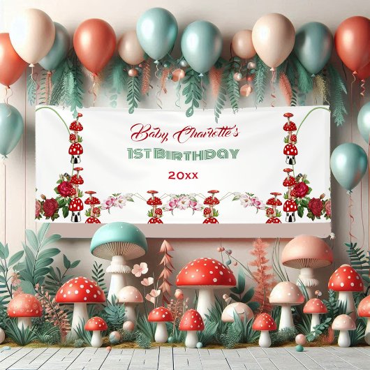 Garden Toadstool Rustikale Rose Baby's 1. Geburtst Banner
