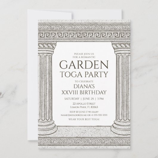 Garden Toga Geburtstagsparty Einladung mit Säulen (Vorderseite)