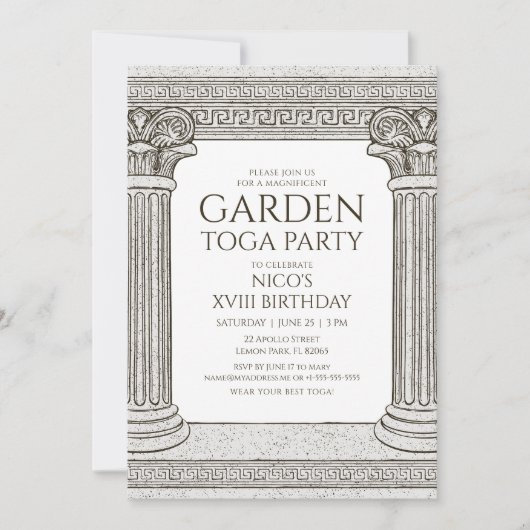 Garden Toga Party Einladung mit Steinsäulen (Vorderseite)
